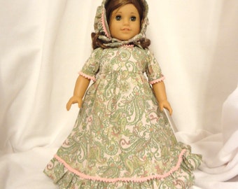 Pink and green paisley cotton, long dress for 18 inch dolls, with pink mini pom-pom trim.