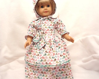 Pastel Bird print on white, long dress for 18 inch dolls, with medium green baby rick-rack trim.