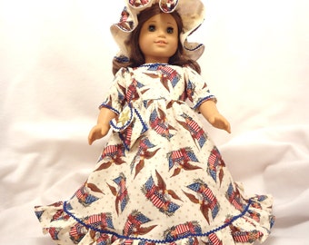 Honor the flag!  Long dress for 18 inch dolls, ruffled.  Red, blue, gold, and brown on an ecru background with blue baby rick-rack trim.