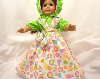 Five-piece Easter outfit, for 18 inch dolls.  Pastels on white with Spring Green.  Blouse, Jumper, Pantaloons, Bonnet, and Purse.