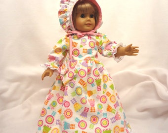 Spring floral print on white long Easter dress for 18 inch dolls, with white lace trim.