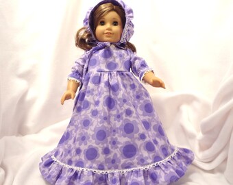 Shades of purple floral print, long dress for 18 inch dolls, with white lace trim.