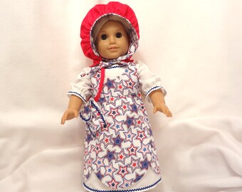 Five-piece Red, white and blue long dress for 18 inch dolls.  Dress, Jumper, Pantaloons, Bonnet, and Purse.