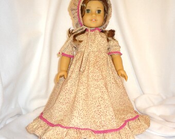 Beige and pink, long dress for 18 inch dolls, with pink mini pom pom trim.