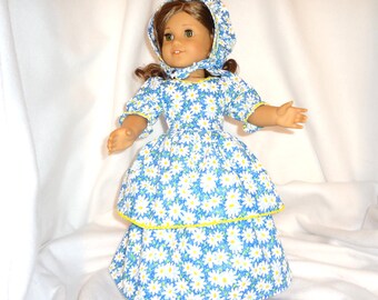 Daisy print on blue, long dress for 18 inch dolls, with yellow rick-rack trim.