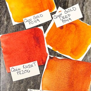 May include: Watercolor paint swatches in shades of orange and red, including Quin Gold, Quin Gold Deep, Quin Russet, and Quin Burnt Orange. Each swatch is labeled with the paint name and code. The image also includes the text "Bug and Bloom Watercolors."