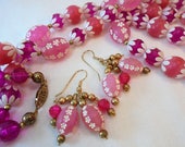 Vintage Pink Celluloid Plastic Lucite Tulip FLOWER Carved Necklace Earrings Set Art Deco Statement Runway Chunky Large