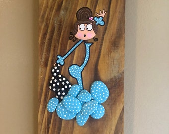 Handmade Lady Handpainted Stone Rock Wood Sculpture Turquoise Wall Decor OOAK Spanish Dancer Metal Frame