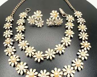 Vintage Floral Parure Necklace Bracelet Earrings Enamel Pearls Rhinestones 1940s Mid Century