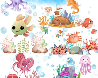 Watercolor Under the Sea Clipart, Marine Animals (Digital Download)