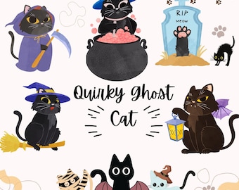 Clipart de Halloween de gato fantasma peculiar: paquete PNG retro espeluznante (descarga digital)
