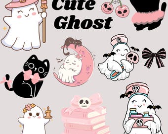 Halloween Ghost Cat Clipart Bundle, Watercolor Autumn PNGs (Commercial Use)