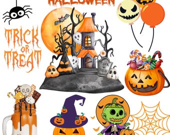 Watercolor Halloween Clipart Bundle, Ghost, Pumpkin, Bat (PNG)