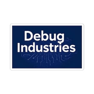 Peut inclure: Un autocollant rectangulaire avec le texte "Debug Industries" en blanc, en gras. Le fond est bleu foncé avec un motif de circuit imprimé bleu clair. L'autocollant a une bordure blanche.