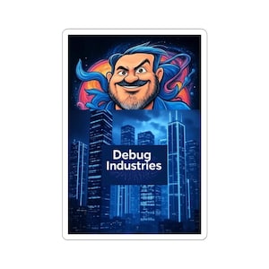 Peut inclure: Un autocollant avec une illustration de dessin animé d'un homme avec une moustache et des cheveux bleus sur un fond coloré. En dessous, un paysage urbain avec le texte "Debug Industries" en lettres blanches sur fond bleu.