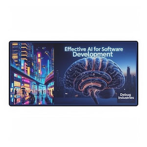 May include: A rectangular desk mat with a futuristic cityscape on the left and a glowing brain graphic on the right. The text "Effective AI for Software Development" and "Debug Industries" are also displayed.