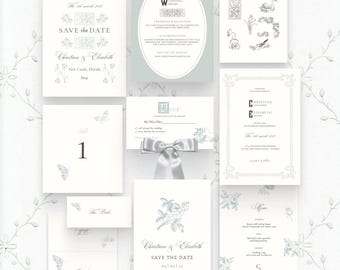 Vintage BAROQUE Wedding Invitation Set - Ice Blue | CANVA Template for Luxury Wedding Invitations and Garden/Villa Parties (Digital Download)