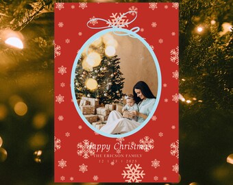 Vintage Photographic Christmas Greeting Card | Red Christmas Bow Card | Editable on Canva | Digital Download with Variations
