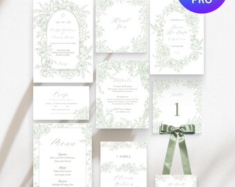 Bundle of 18 Wedding Templates in Canva Pro | Green Chinoiserie Toile | Elegant Wedding Graphics
