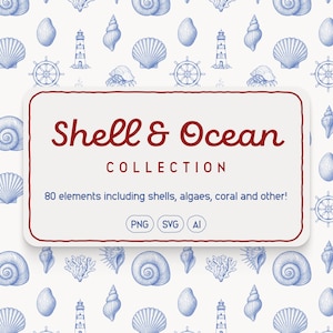 Può includere: Un design digitale con sfondo bianco ornato da illustrazioni blu di conchiglie, fari e timoni. Un rettangolo bordato di rosso mostra "Shell & Ocean Collection" e icone di tipo di file.
