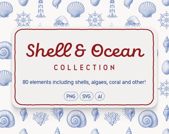 80 Marine Illustrations · Shells, Corals and Nautical Elements · Vintage Clipart in SVG/AI/PNG · Ideal for Invitations, Patterns and Decorations