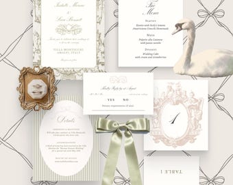 Vintage BAROQUE Wedding Invitation Set - Olive Green/Pink | CANVA Templates for Luxury Weddings and Garden/Villa Parties (Digital Download)