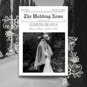 May include: A monochrome wedding newspaper titled "The Wedding News" featuring a photograph of a bride and groom. The text reads "Celebrating the Love of Camila Berry & Edward Cole" and the date is 20 June 2026.