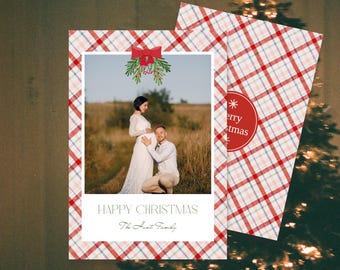 Vintage Photo Christmas Greeting Card | Tartan Family Photo Card with Red Bow | Editable on Canva | Digital Download