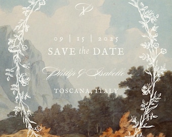 Save the Date Vintage Landscape Oil Painting - Green/Light Blue/Cream | Canva Classic Antique Wedding Invitation Template (Digital Download)