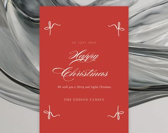 Elegant Vintage Christmas Greeting Card | Red Bows Card | Editable on Canva | Instant Digital Download with Color Options