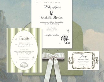 Whimsical Illustrated Wedding Save the Date Invitation Template | Set of 7 Romantic Green Illustrated Invitations | Vintage, Hand-Drawn Invitations