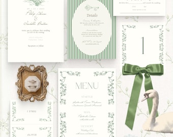 Vintage ELFISH "LOTR" Wedding Invitation Set - Green/Ivory | CANVA Templates for Weddings and Garden/Villa Parties (Digital Download)