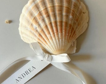 Personalized Natural Seashell Place Card | Place Card with Customizable Bow | Handmade Place Card for Weddings and Events