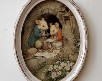 Lámina de acuarela con ratones estilo cottagecore – Decoración rústica para el hogar en el bosque (Descarga digital)