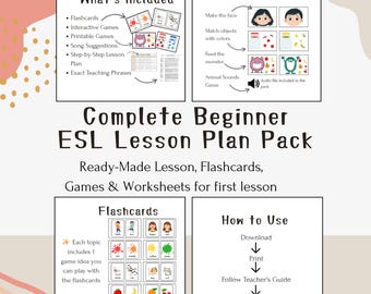 Plan de clase de ESL para principiantes para niños: Tarjetas didácticas, juegos y guía para el profesor
