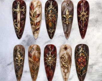 Gothic Cathedral Stained Glass Press On Nails, Medieval Fantasy Sword Dragon Sun Marble Handmade Luxury Nail Set