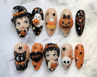 Spooky Bettyy Booppp Press on Nails, 3D Halloween Stiletto Fake Nails, Kawaii Cartoon Art, Trendy Reusable Set