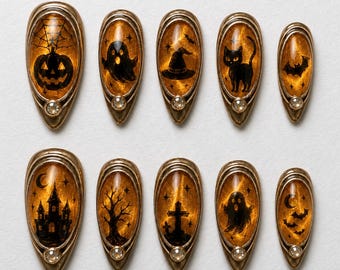 Amber Pumpkin Halloween Press On Nails, Gothic Jack O Lantern Nail Art, Dark Autumn Hand Painted Fake Nails