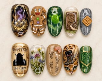 Uñas postizas con motivos de cuentos de hadas, diseño de uñas 3D de hombre de jengibre, uñas de gel hechas a mano con temática de pantano caprichoso.
