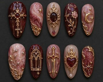 Dark Romantic Baroque Press On Nails, Luxury Burgundy Gold Nails, Gothic Nail Art, Ornate Cross Heart Nails, Vintage Hand Painted Nails