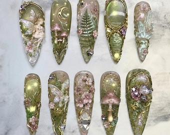Unghie finte Fairycore a tema foresta, unghie finte 3D a forma di fungo, stiletto a tema foresta incantata, arte botanica gotica, unghie riutilizzabili fatte a mano.