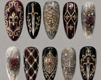 Medieval Fantasy Press On Nails, Gothic Sword Shield Rose Gold Armor Handmade Dark Knight Fake Nails Set