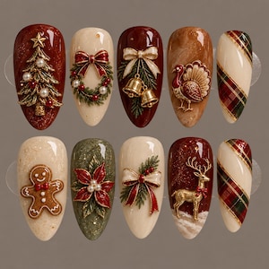 May include: A set of ten almond-shaped press-on nails featuring holiday designs including a Christmas tree, wreath, bells, turkey, gingerbread person, poinsettia, and reindeer, accented with bows, pearls, and red, green, and gold plaid patterns.