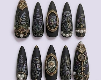Dark Gothic Botanical Press on Nails | 3D Pearl & Vintage Frame Fake Nails | Matte Black Floral Key Stiletto Handmade Luxury Set
