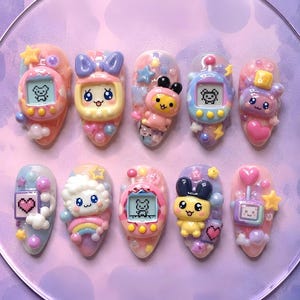 Kawaii virtuella husdjurspressnaglar, söt 3D pastellfigur nagelkonst, Y2K godisnaglar, handgjorda gellacknaglar