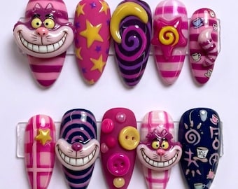 Cheshire Cat Press on Nails | Cute Psychedelic Fake Nails | 3D Smile Almond Glue on Nails Handmade Set
