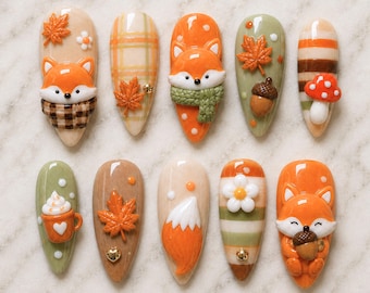 Cozy Autumn Fox Press On Nails, Cute Fall Pumpkin Nails, Woodland Mushroom Almond Nails, Handmade Orange Gel Fake Nails
