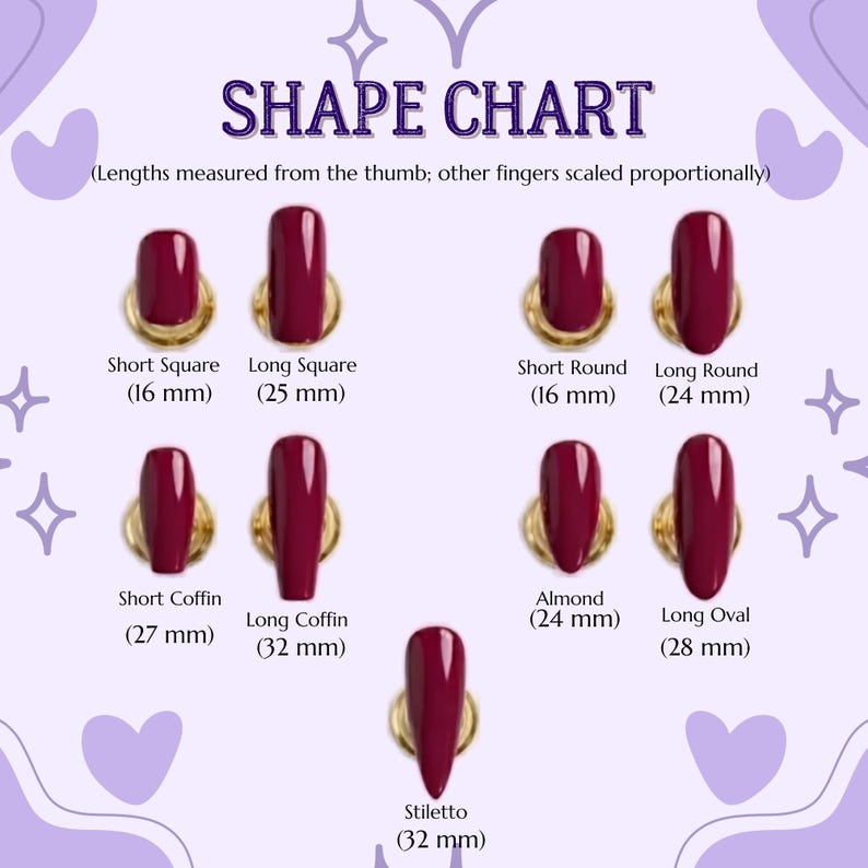 May include: A nail shape chart displaying nine burgundy press-on nail samples in various styles including short square (16 mm), long square (25 mm), short round (16 mm), long round (24 mm), short coffin (27 mm), long coffin (32 mm), almond (24 mm), long oval (28 mm), and stiletto (32 mm).