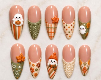 Cute Ghost Cozy Autumn Press On Nails, Fall Sweater French Tips Almond Nails, Pumpkin Orange Handmade Nails
