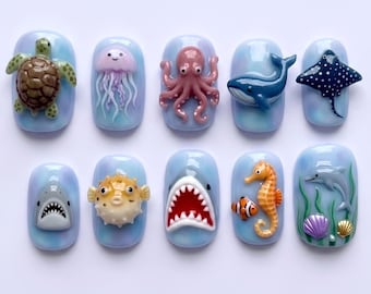 Cute Ocean Press on Nails | Shark Octopus Turtle Fake Nails | 3D Whale Jellyfish Square Glue on Nails Custom Handmade Luxury Set